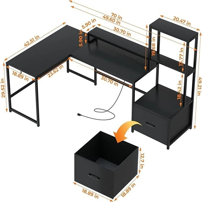 Bureau d'angle en L avec prises de courant, étagères de rangement et tiroir en tissu, Noyer et Noir