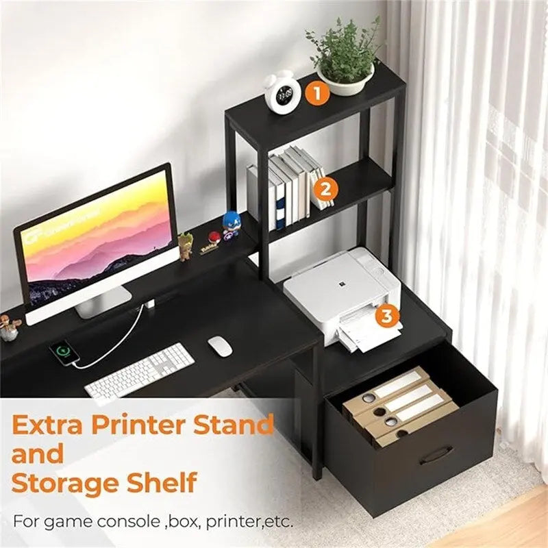Bureau d'angle en L avec prises de courant, étagères de rangement et tiroir en tissu, Noyer et Noir