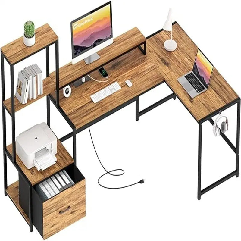 Bureau d'angle en L avec prises de courant, étagères de rangement et tiroir en tissu, Noyer et Noir