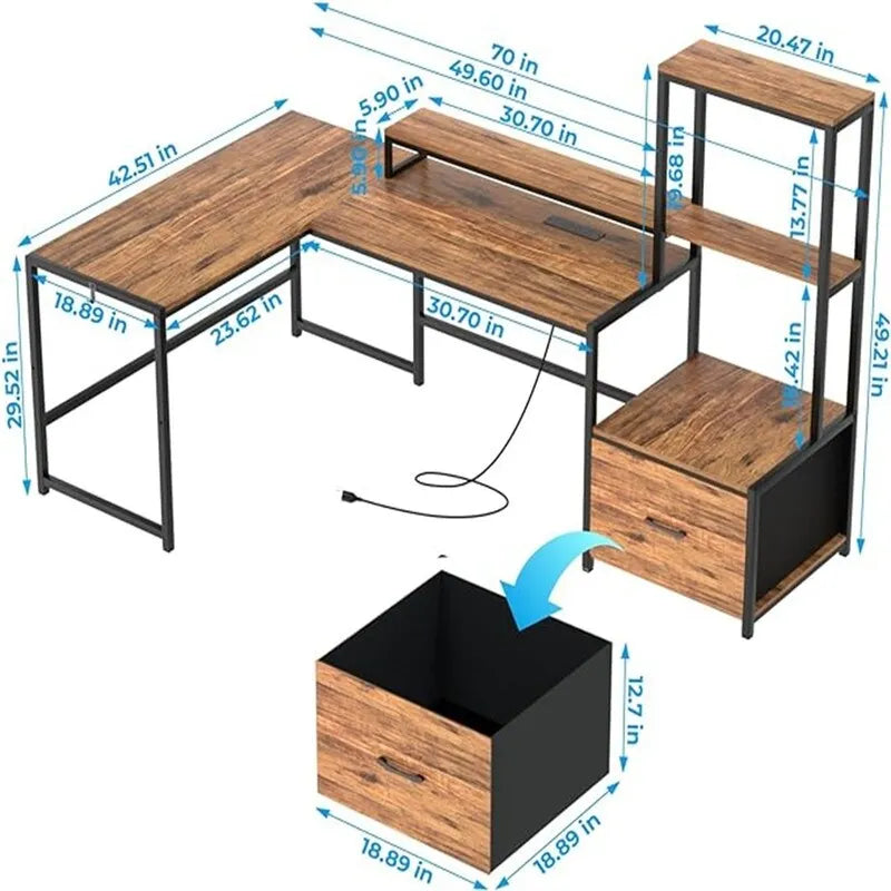 Bureau d'angle en L avec prises de courant, étagères de rangement et tiroir en tissu, Noyer et Noir