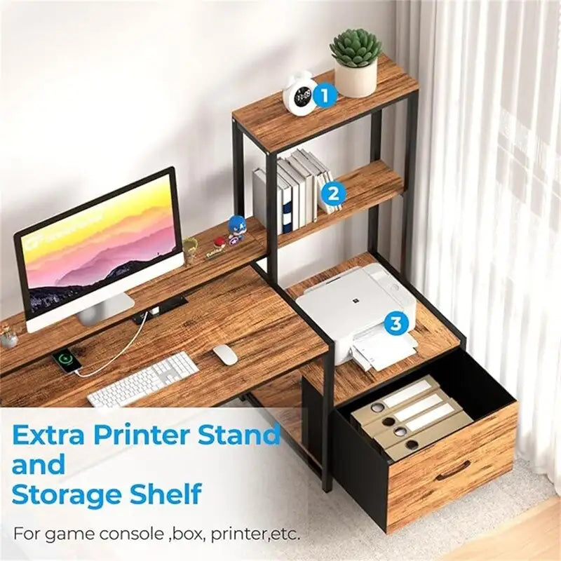 Bureau d'angle en L avec prises de courant, étagères de rangement et tiroir en tissu, Noyer et Noir