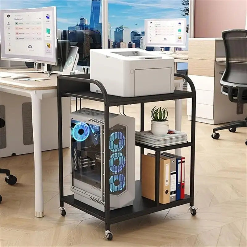 Support d'imprimante roulant à 3 niveaux avec étagères de rangement, prises de courant et ports USB, cadre en métal noir