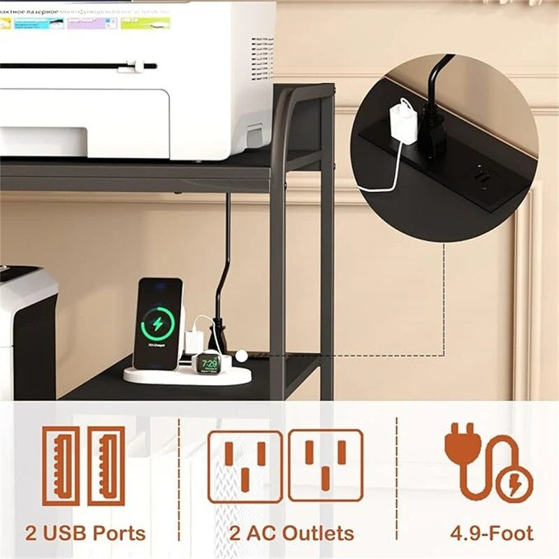 Support d'imprimante roulant à 3 niveaux avec étagères de rangement, prises de courant et ports USB, cadre en métal noir