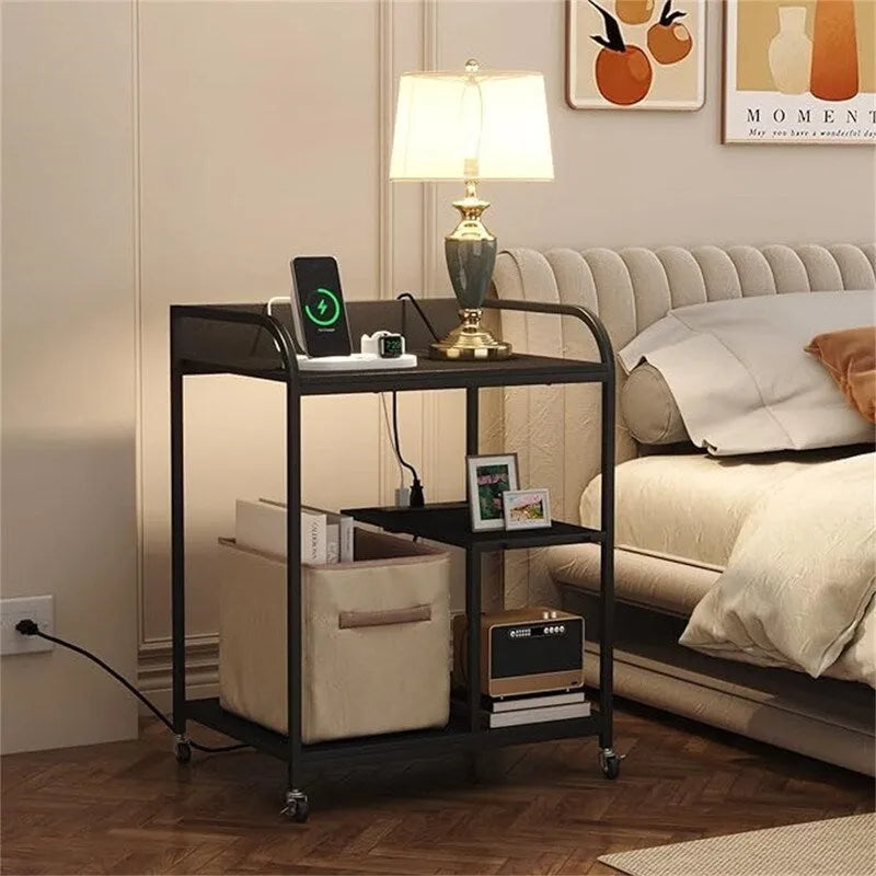 Support d'imprimante roulant à 3 niveaux avec étagères de rangement, prises de courant et ports USB, cadre en métal noir