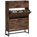 Meuble à chaussures étroit marron rustique avec portes basculantes, tiroir supérieur et base en métal