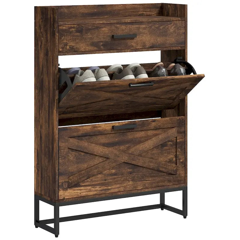 Narrow Shoe Cabinet with 2 Flip Doors and Top Drawer, Brown