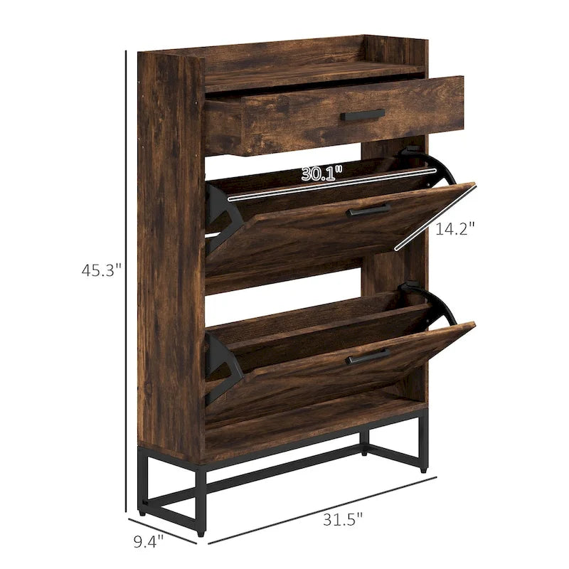 Meuble à chaussures étroit marron rustique avec portes basculantes, tiroir supérieur et base en métal