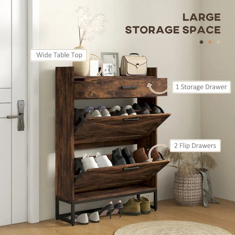 Meuble à chaussures étroit marron rustique avec portes basculantes, tiroir supérieur et base en métal