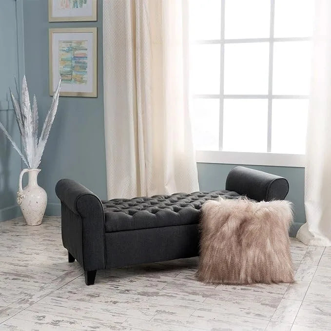 Banc ottoman de rangement capitonné en tissu bleu marine avec accoudoirs arrondis