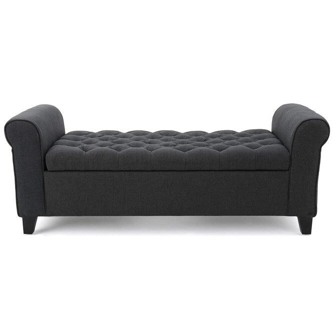 Banc ottoman de rangement capitonné en tissu bleu marine avec accoudoirs arrondis