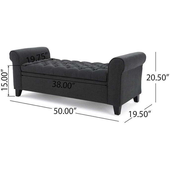Banc ottoman de rangement capitonné en tissu bleu marine avec accoudoirs arrondis