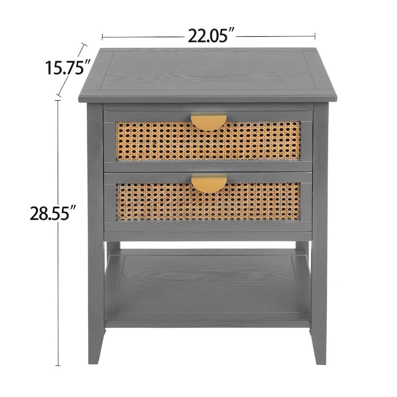 Table de chevet grise à 2 tiroirs en rotin avec étagère ouverte, poignée dorée semi-circulaire, style américain