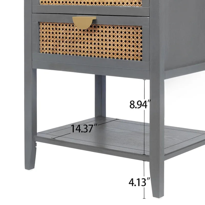 Table de chevet grise à 2 tiroirs en rotin avec étagère ouverte, poignée dorée semi-circulaire, style américain