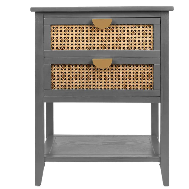 Table de chevet grise à 2 tiroirs en rotin avec étagère ouverte, poignée dorée semi-circulaire, style américain