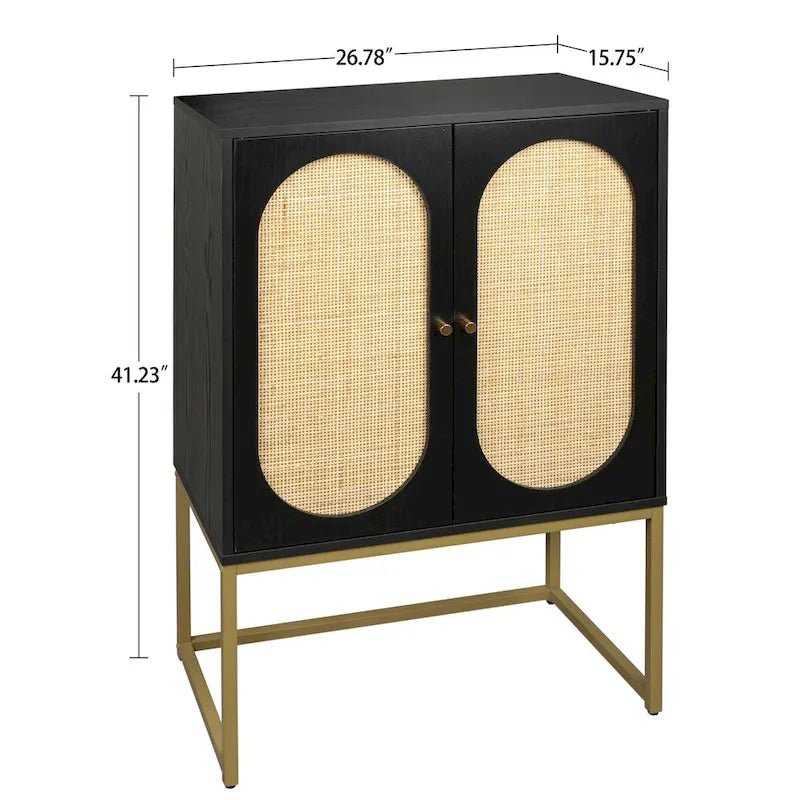 Meuble de rangement haut noir à double porte avec panneaux en rotin et base en métal doré