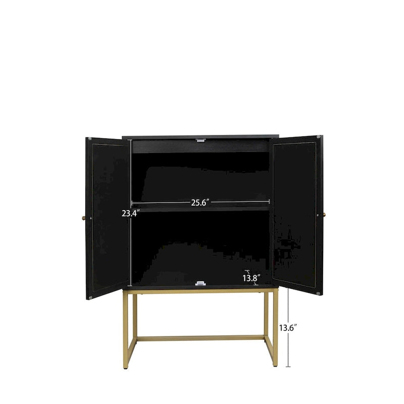 Meuble de rangement haut noir à double porte avec panneaux en rotin et base en métal doré