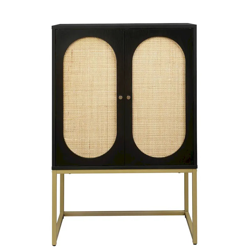 Meuble de rangement haut noir à double porte avec panneaux en rotin et base en métal doré