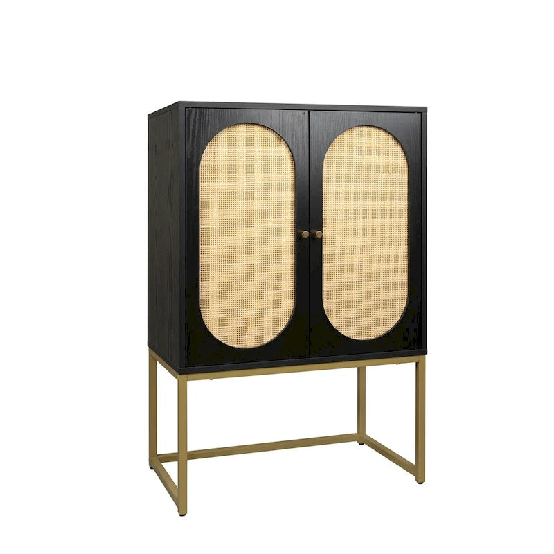 Meuble de rangement haut noir à double porte avec panneaux en rotin et base en métal doré