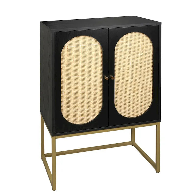 Meuble de rangement haut noir à double porte avec panneaux en rotin et base en métal doré