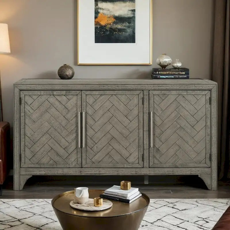 Buffet 3 portes à chevrons avec étagères réglables, gris