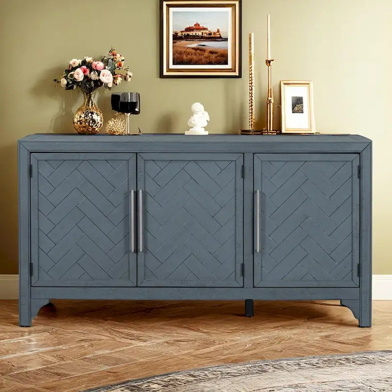 Buffet 3 portes à chevrons avec étagères réglables, gris