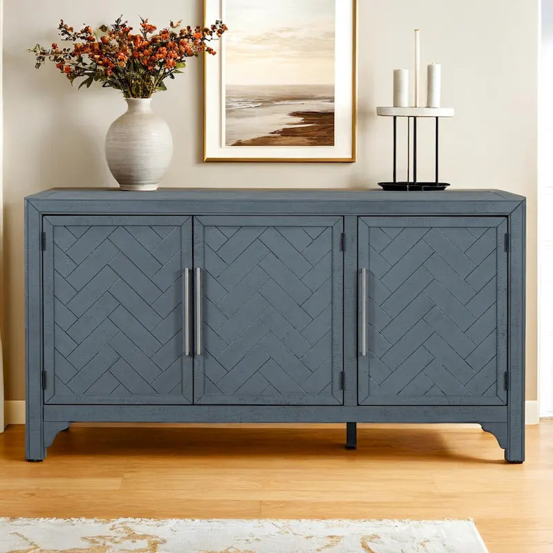 Buffet 3 portes à chevrons avec étagères réglables, gris