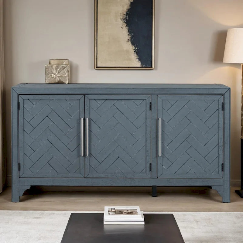 Buffet 3 portes à chevrons avec étagères réglables, gris