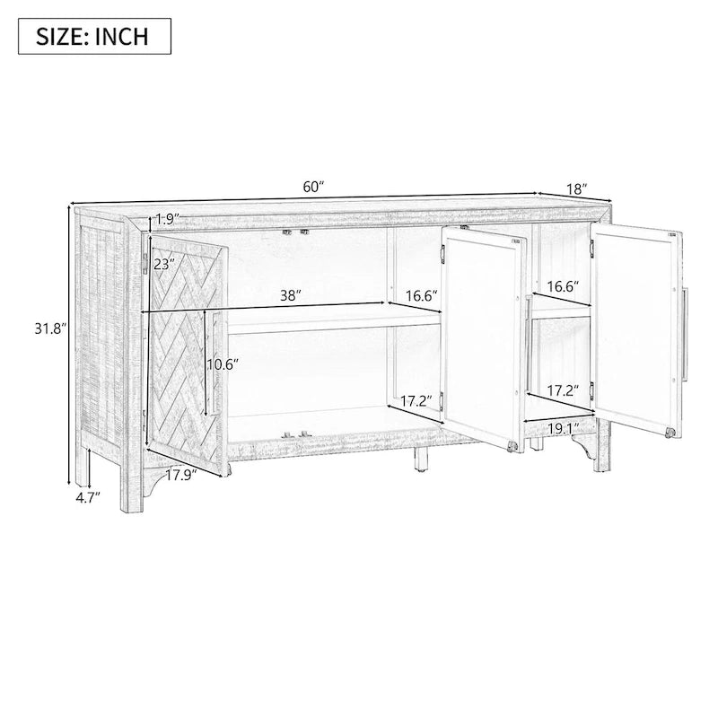 Buffet 3 portes à chevrons avec étagères réglables, gris