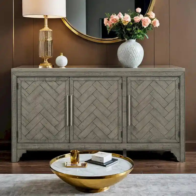 Buffet 3 portes à chevrons avec étagères réglables, gris