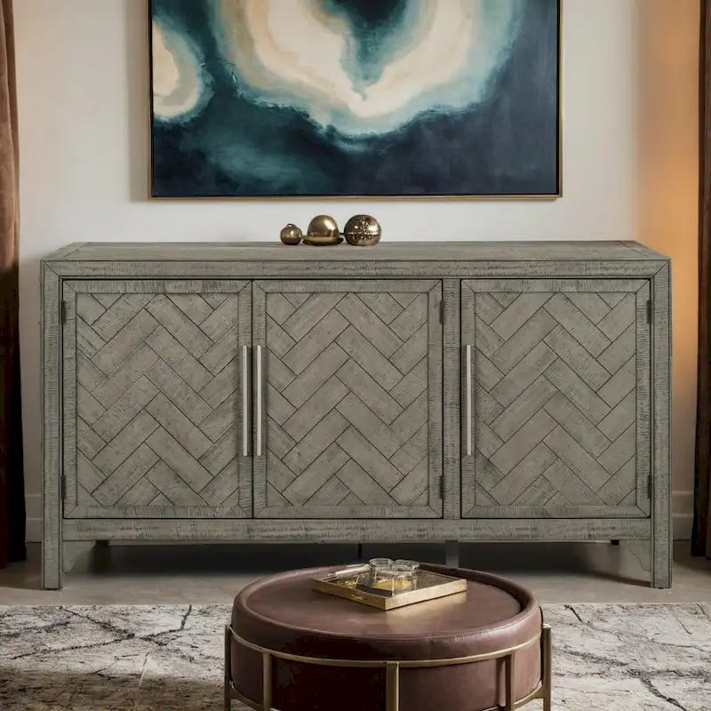 Buffet 3 portes à chevrons avec étagères réglables, gris