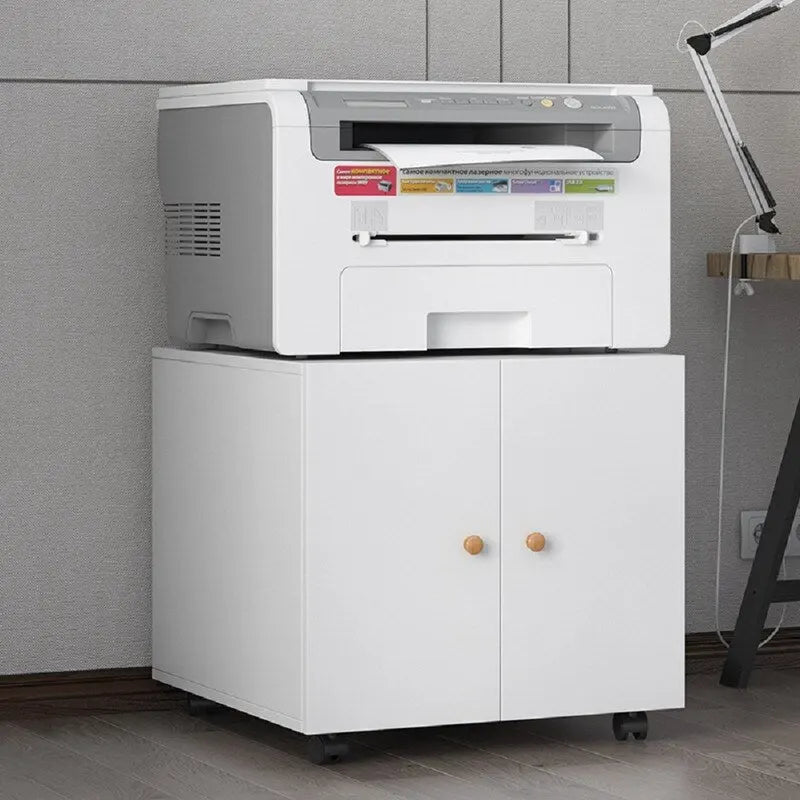 Meuble d'imprimante en acier blanc avec roulettes verrouillables et étagère réglable
