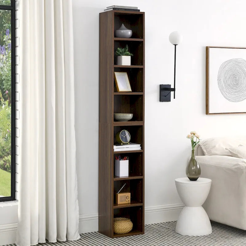 Étagère de rangement étroite et haute à 8 niveaux avec tablettes réglables, noir/noyer/rose