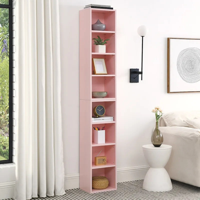 Étagère de rangement étroite et haute à 8 niveaux avec tablettes réglables, noir/noyer/rose