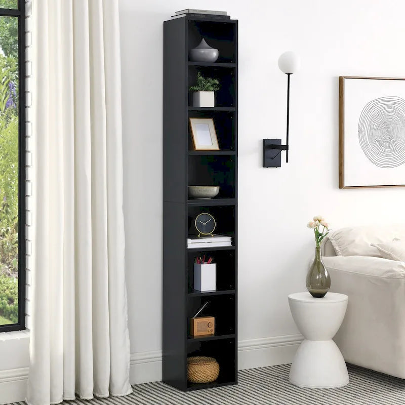 Étagère de rangement étroite et haute à 8 niveaux avec tablettes réglables, noir/noyer/rose
