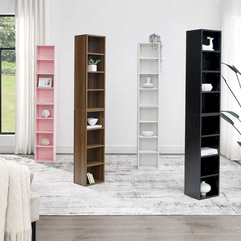 Étagère de rangement étroite et haute à 8 niveaux avec tablettes réglables, noir/noyer/rose