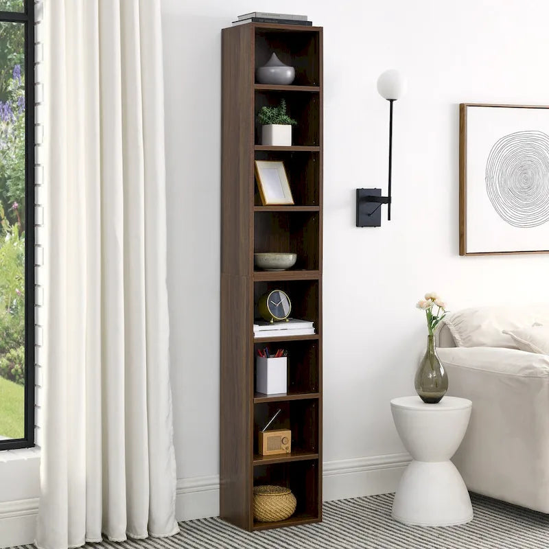 Étagère de rangement étroite et haute à 8 niveaux avec tablettes réglables, noir/noyer/rose