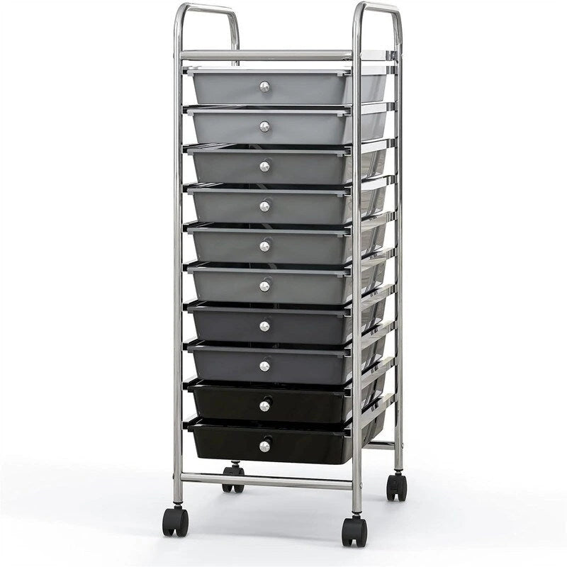 Meuble de rangement à roulettes à 10 tiroirs, tiroirs en plastique transparent, structure chromée