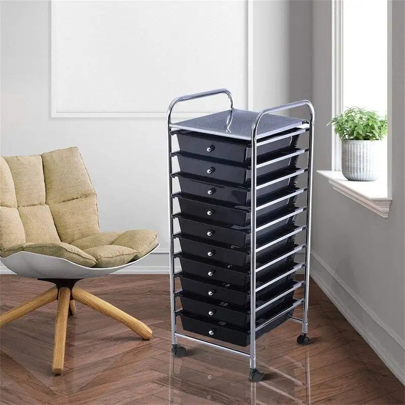 10-Drawer Rolling Storage Cart with Casters, Clear Plastic Drawers, Chrome Frame