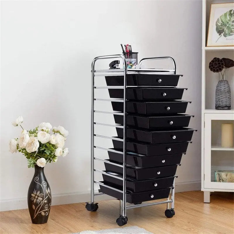 10-Drawer Rolling Storage Cart with Casters, Clear Plastic Drawers, Chrome Frame