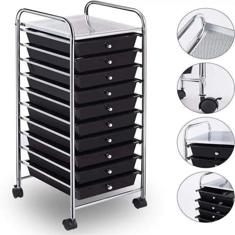 10-Drawer Rolling Storage Cart with Casters, Clear Plastic Drawers, Chrome Frame