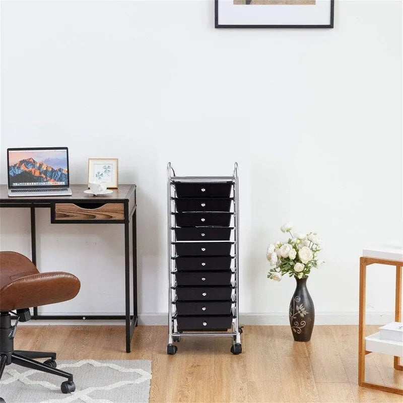 10-Drawer Rolling Storage Cart with Casters, Clear Plastic Drawers, Chrome Frame