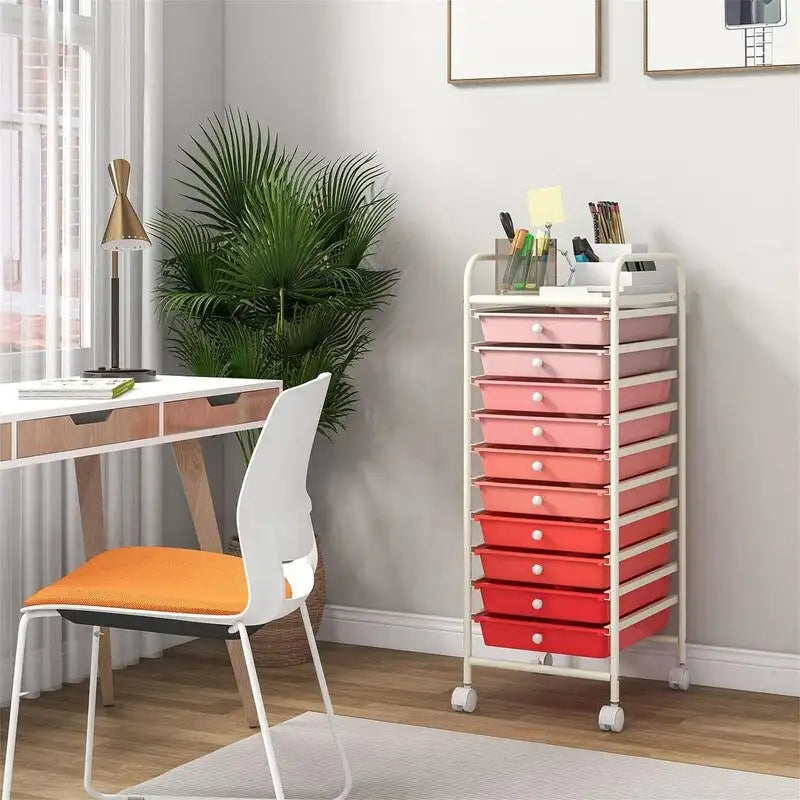 10-Drawer Rolling Storage Cart with Casters, Clear Plastic Drawers, Chrome Frame