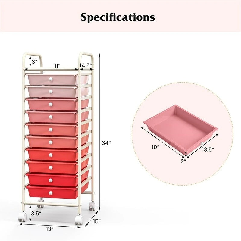 10-Drawer Rolling Storage Cart with Casters, Clear Plastic Drawers, Chrome Frame