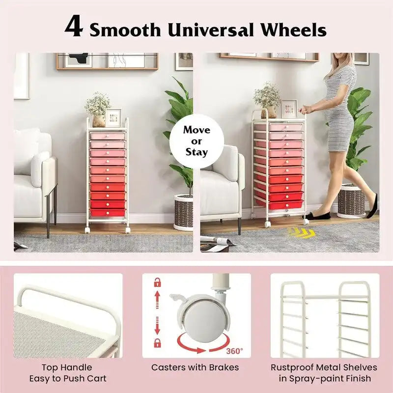 10-Drawer Rolling Storage Cart with Casters, Clear Plastic Drawers, Chrome Frame