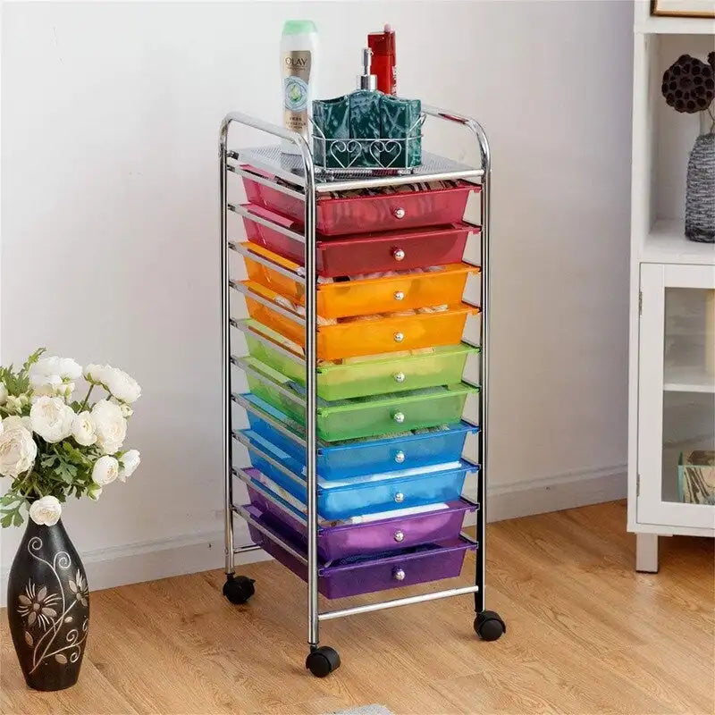 10-Drawer Rolling Storage Cart with Casters, Clear Plastic Drawers, Chrome Frame