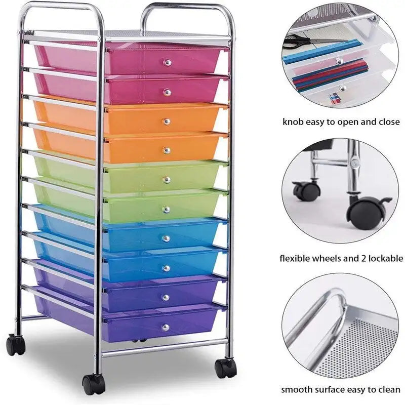 10-Drawer Rolling Storage Cart with Casters, Clear Plastic Drawers, Chrome Frame