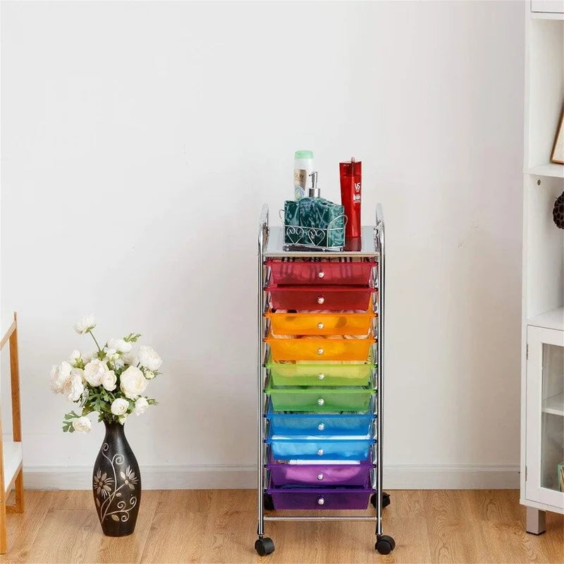 10-Drawer Rolling Storage Cart with Casters, Clear Plastic Drawers, Chrome Frame