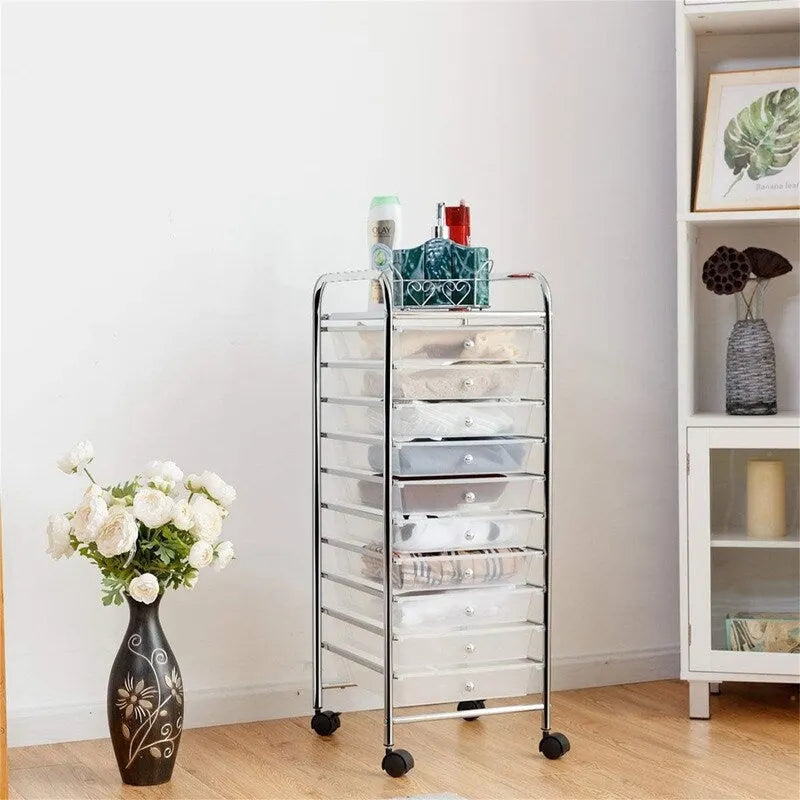 10-Drawer Rolling Storage Cart with Casters, Clear Plastic Drawers, Chrome Frame