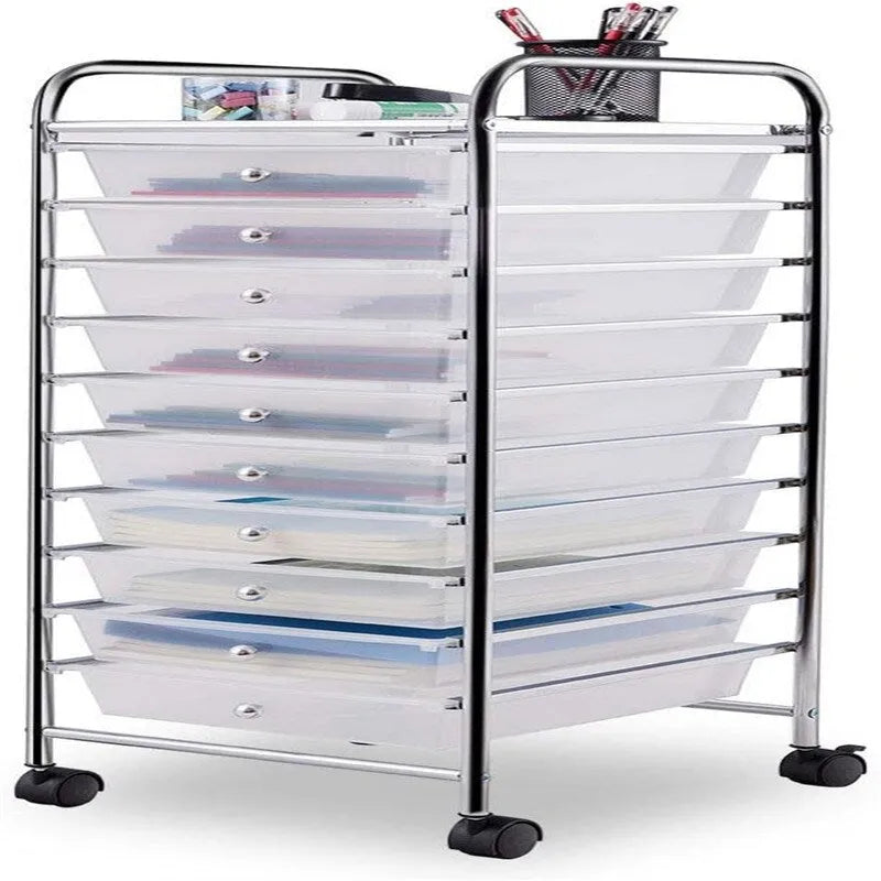 10-Drawer Rolling Storage Cart with Casters, Clear Plastic Drawers, Chrome Frame