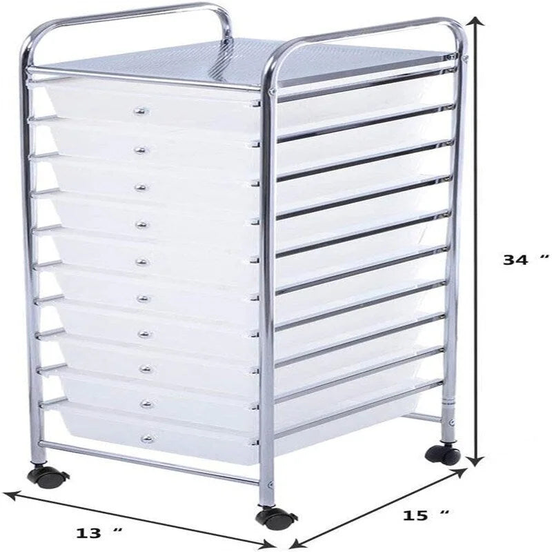 10-Drawer Rolling Storage Cart with Casters, Clear Plastic Drawers, Chrome Frame